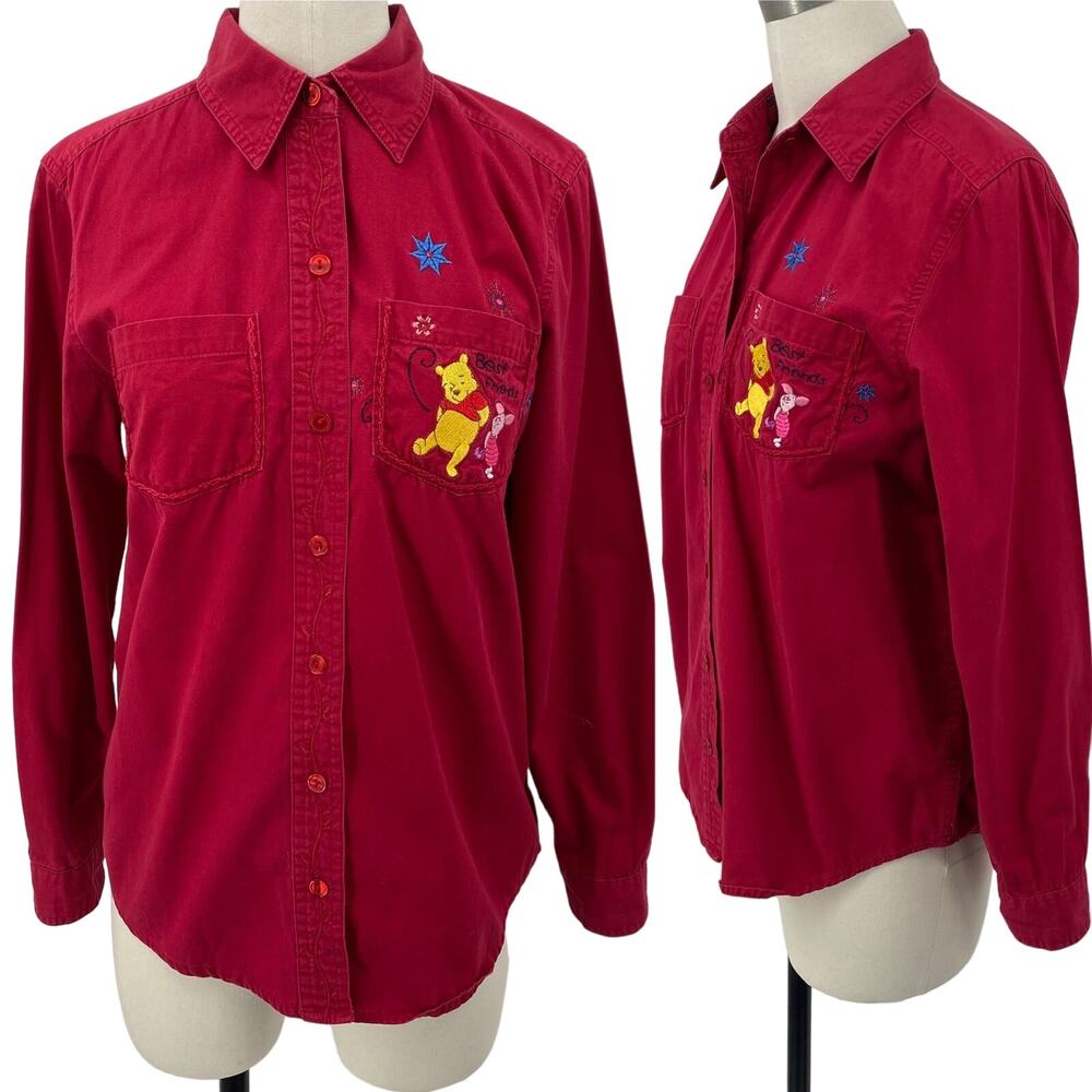 Vintage Y2k Disney Winnie the Pooh Embroidered Button Down Shirt Red Womens S